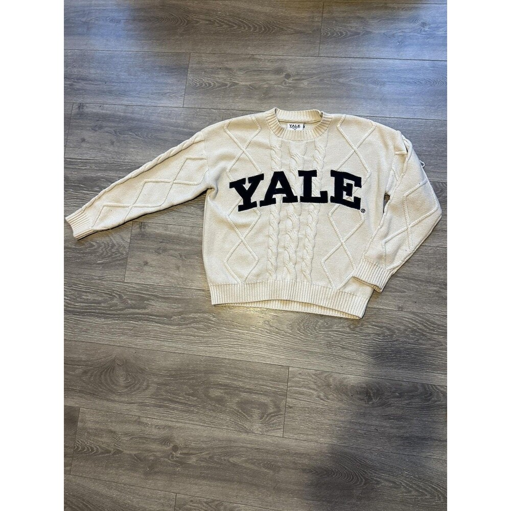 Yale University Shirt Mens M White Cable Knit Crewneck Long Sleeve Embroidered